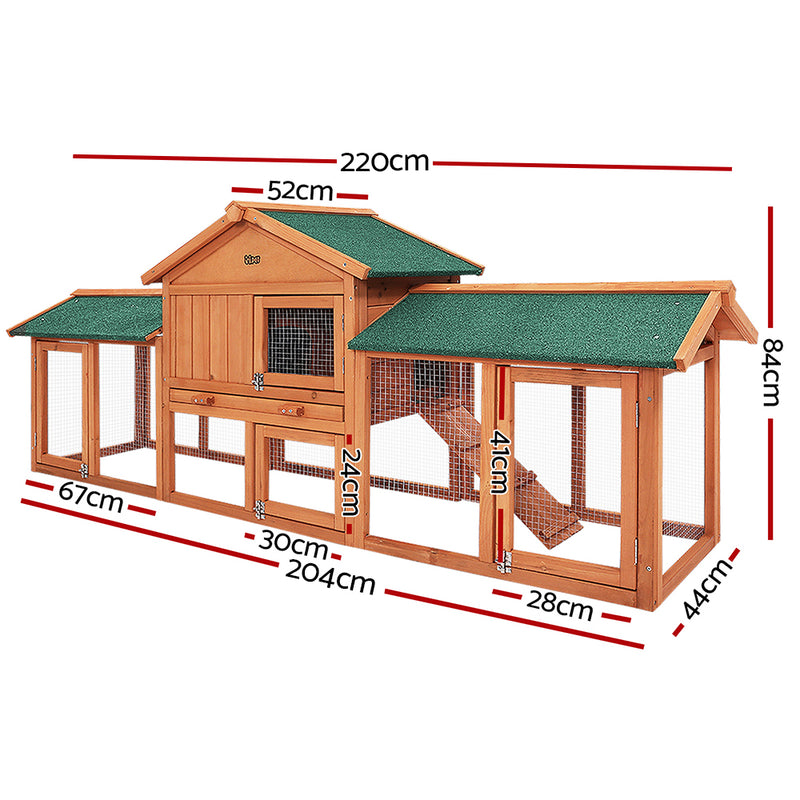 i.Pet Chicken Coop Rabbit Hutch 220cm x 44cm x 84cm Large Run Wooden Outdoor Bunny Cage House