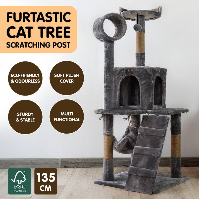 Furtastic 135cm Cat Tree Scratching Post - Dark Grey